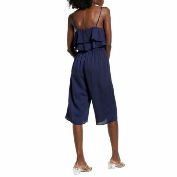 ONE CLOTHING Crop Midi Ruffle Jumpsuit Size M Sleeveless Navy Blue NEW  B51 - Picture 2 of 6